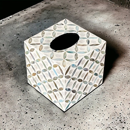 Square Mother of Pearl & Capiz Shell Tissue Box Cover – Ivory Geometric Floral Design