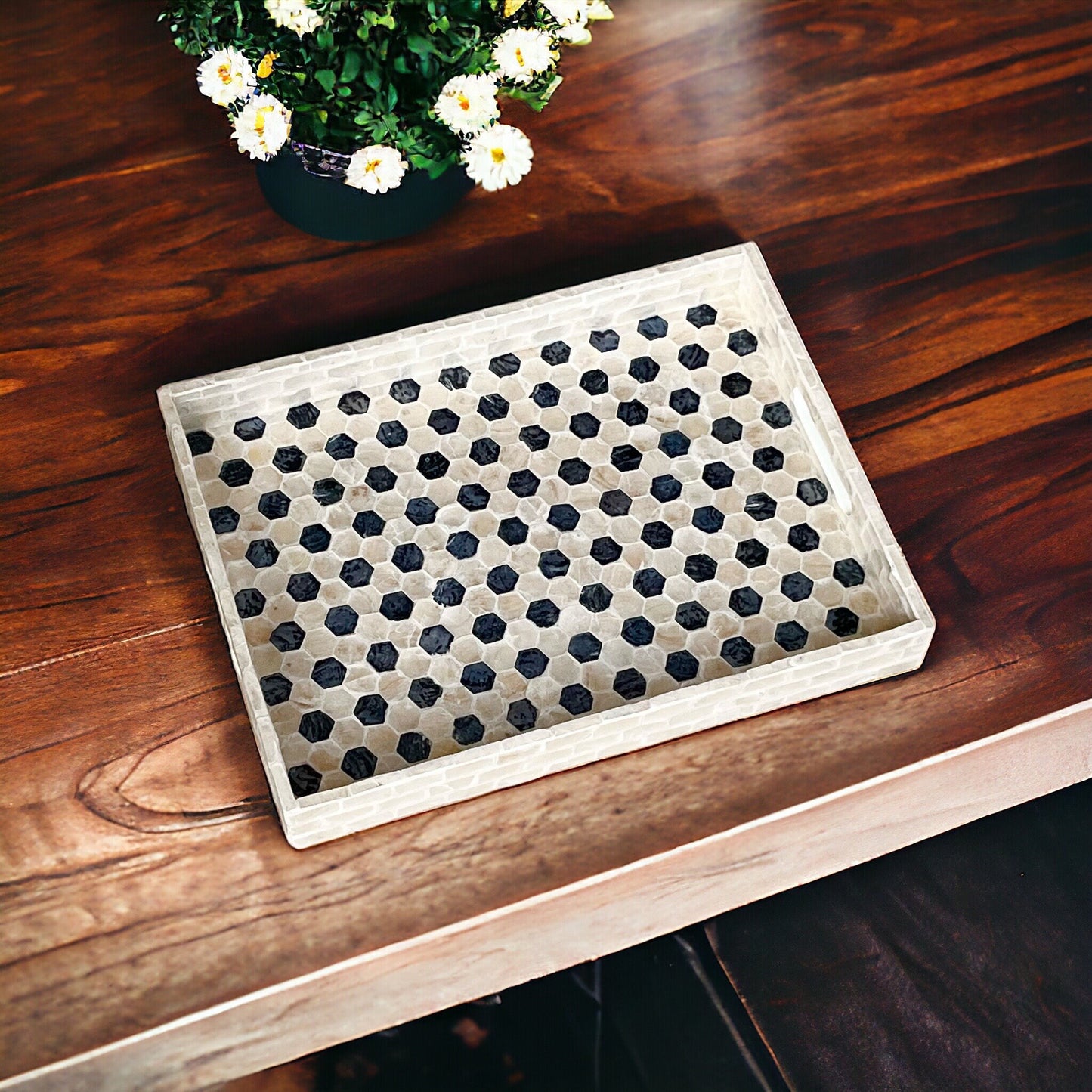 Rectangular Black & Ivory Capiz Shell Hexagon Inlay Tray