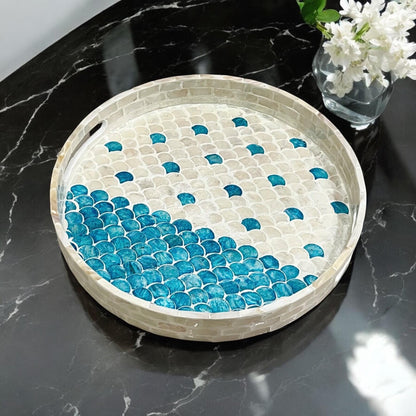 Round Mother of Pearl & Capiz Shell Scallop Inlay Tray in Blue & Ivory