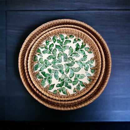 Round Capiz Shell Rattan Tray with Green Leaf Mosaic