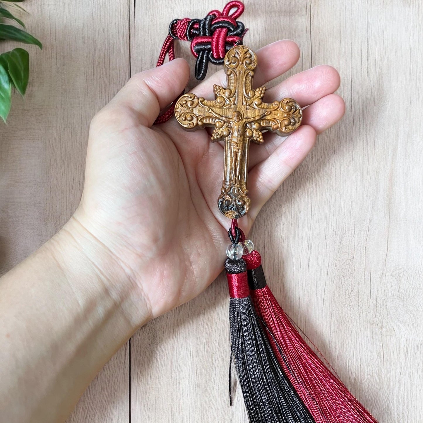 Handmade Wooden Cross Car Charm: Catholic Rearview Mirror Ornament