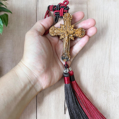 Handmade Wooden Cross Car Charm: Catholic Rearview Mirror Ornament