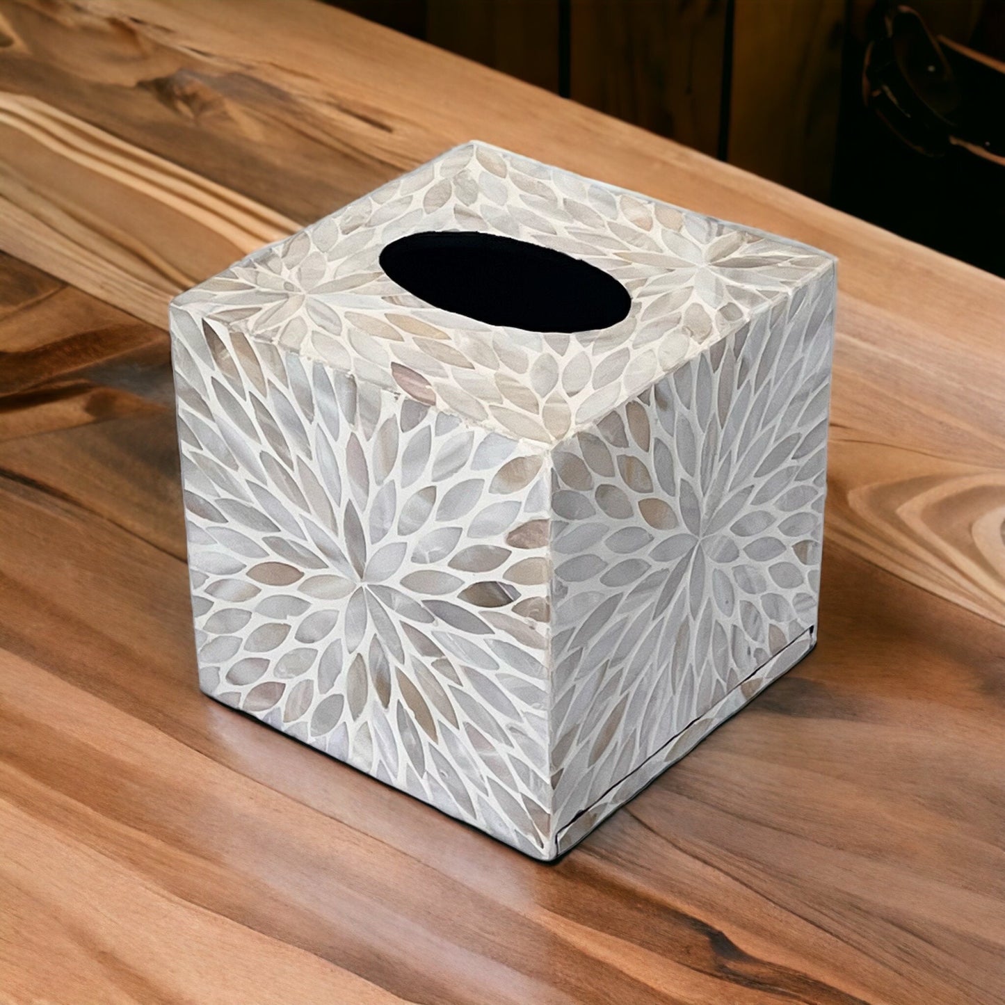 Mother of Pearl Inlay Tissue Box Cover - Ivory Cream Floral Nacre Design