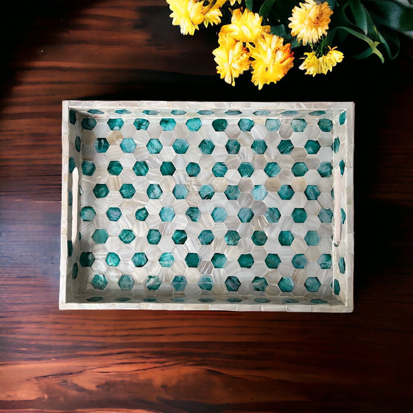 Mother of Pearl Serving Tray: Handmade Honeycomb Inlay, Vietnamese Craft
