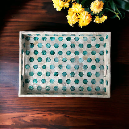Mother of Pearl Serving Tray: Handmade Honeycomb Inlay, Vietnamese Craft