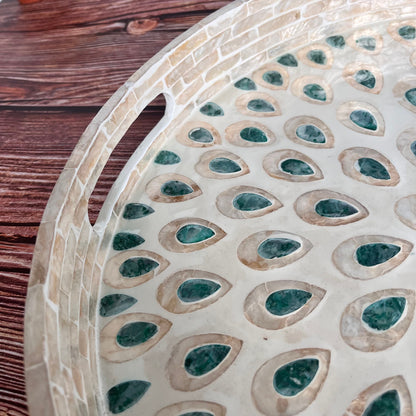 Round Capiz Shell Peacock Feather Inlay Tray
