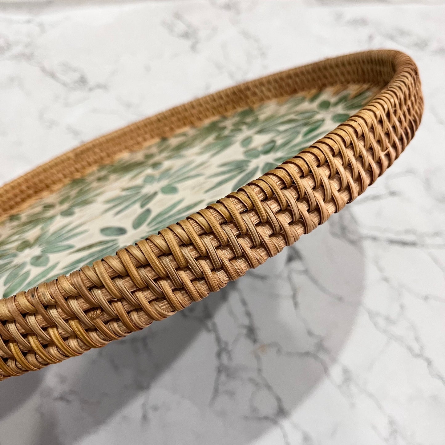 Round Rattan Tray with Green Floral Capiz Shell Inlay