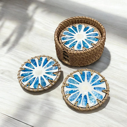 Blue Capiz Shell & Rattan Coaster Set with Handwoven Holder