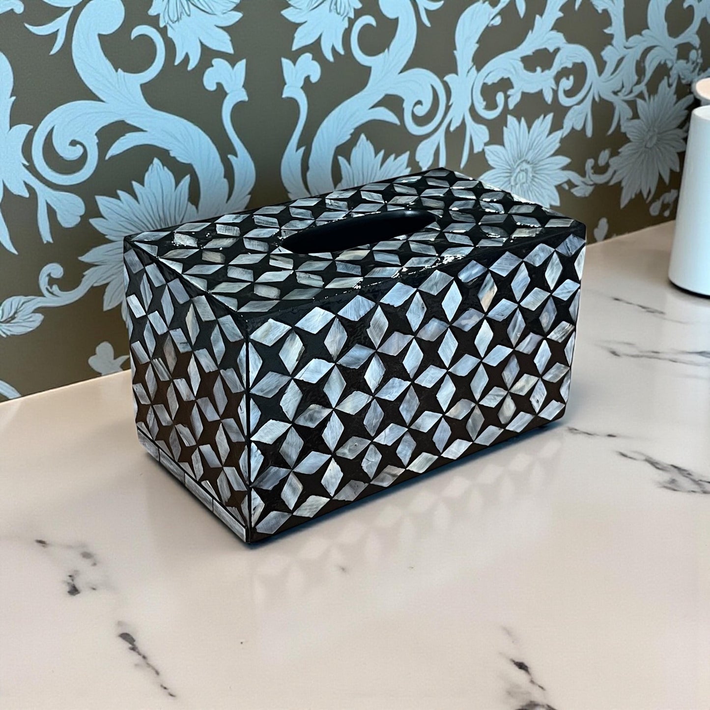 Rectangular Black Geometric Mother of Pearl Tissue Box Cover