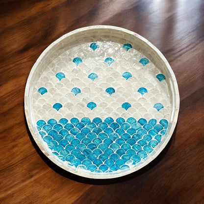 Round Mother of Pearl & Capiz Shell Scallop Inlay Tray in Blue & Ivory