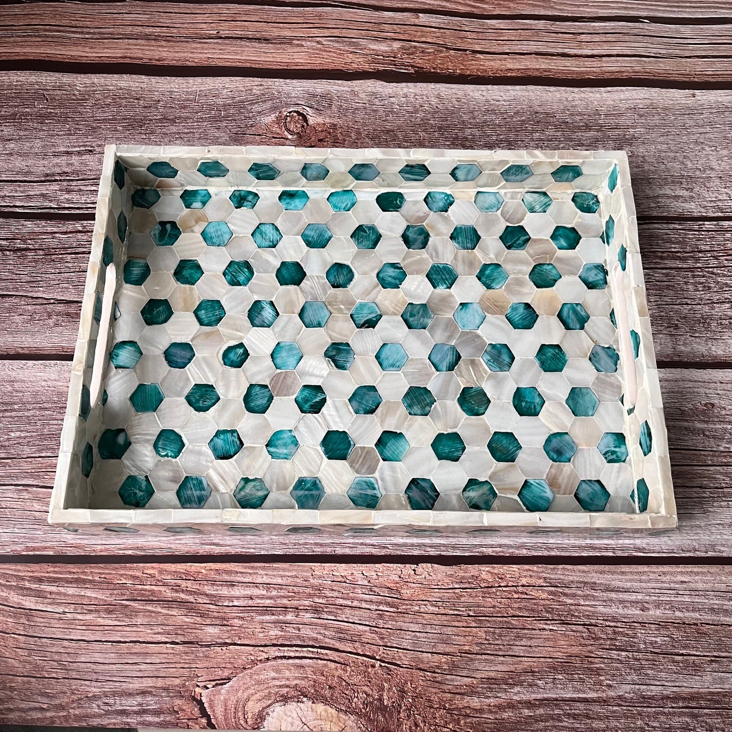 Mother of Pearl Serving Tray: Handmade Honeycomb Inlay, Vietnamese Craft