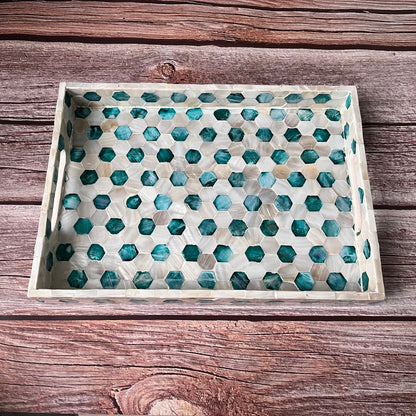 Mother of Pearl Serving Tray: Handmade Honeycomb Inlay, Vietnamese Craft