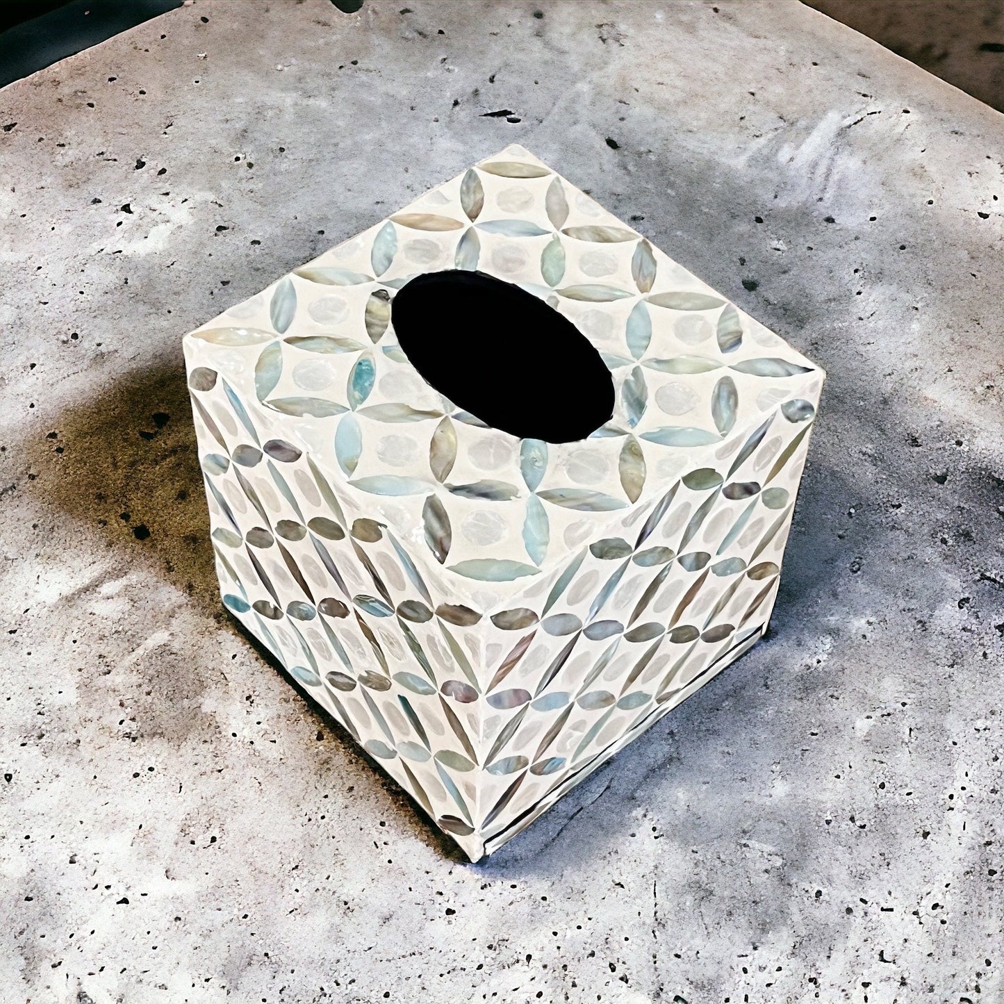 Square Mother of Pearl & Capiz Shell Tissue Box Cover – Ivory Geometric Floral Design