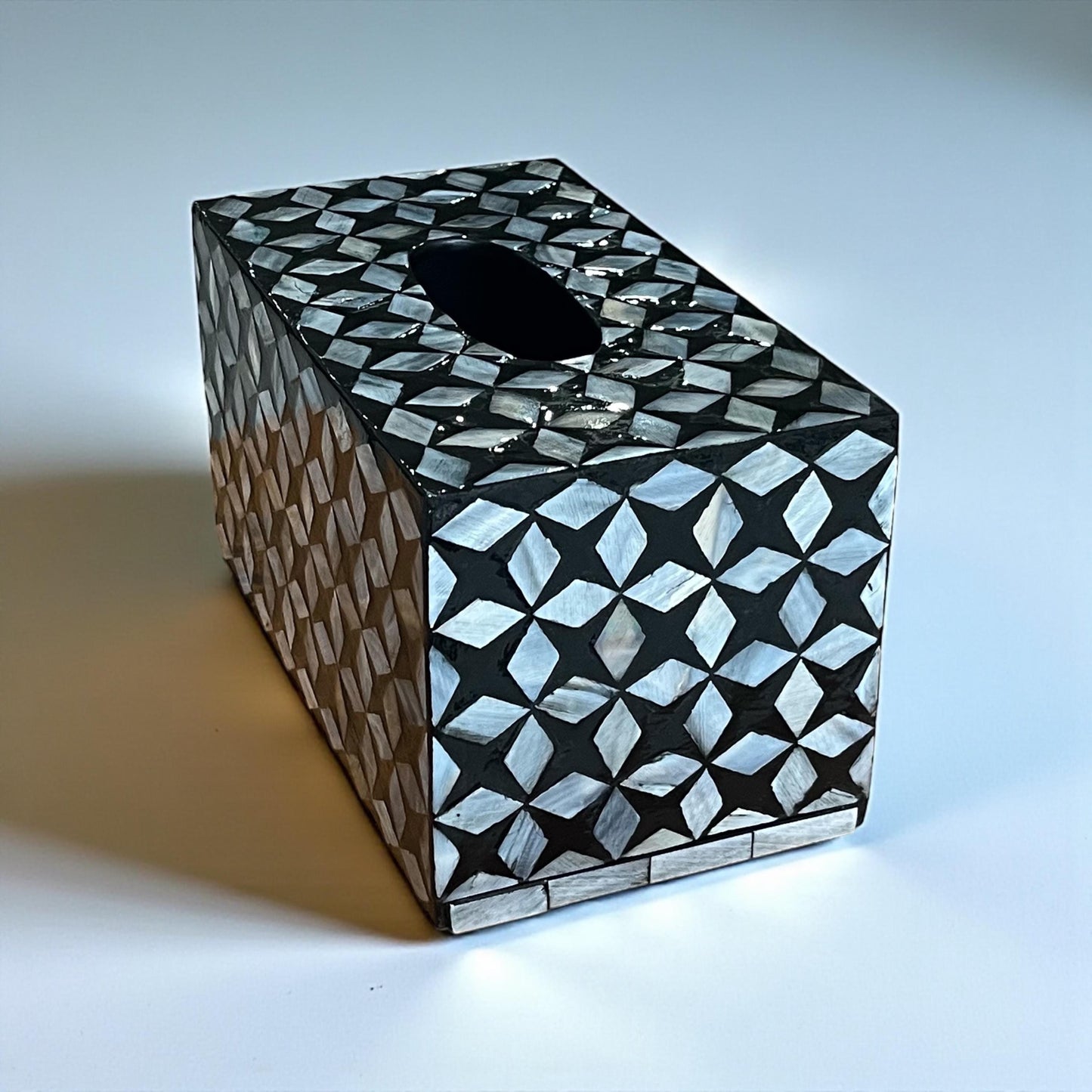Rectangular Black Geometric Mother of Pearl Tissue Box Cover