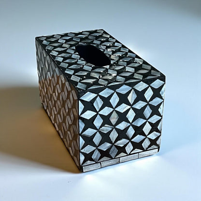 Rectangular Black Geometric Mother of Pearl Tissue Box Cover