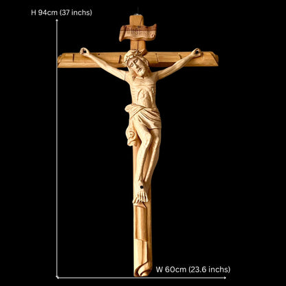 Large Fokienia 37'' Wood Crucifix Cross with Saint Joseph & Mary Statues