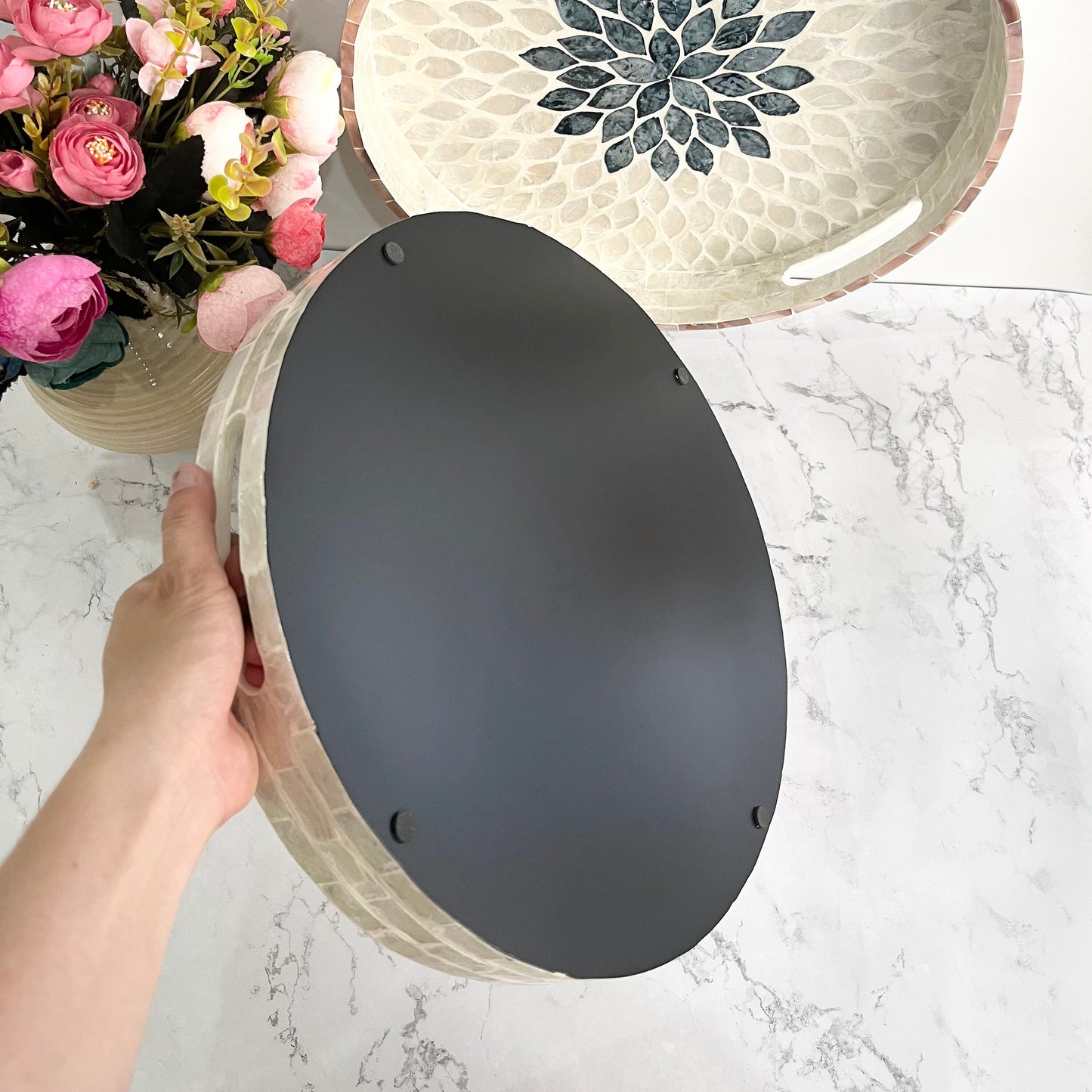 Round Mother of Pearl & Capiz Shell Floral Inlay Tray with Black Center