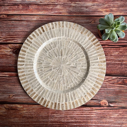 Set of 2 Ivory Capiz Inlay Charger Plates Radial Striped Design