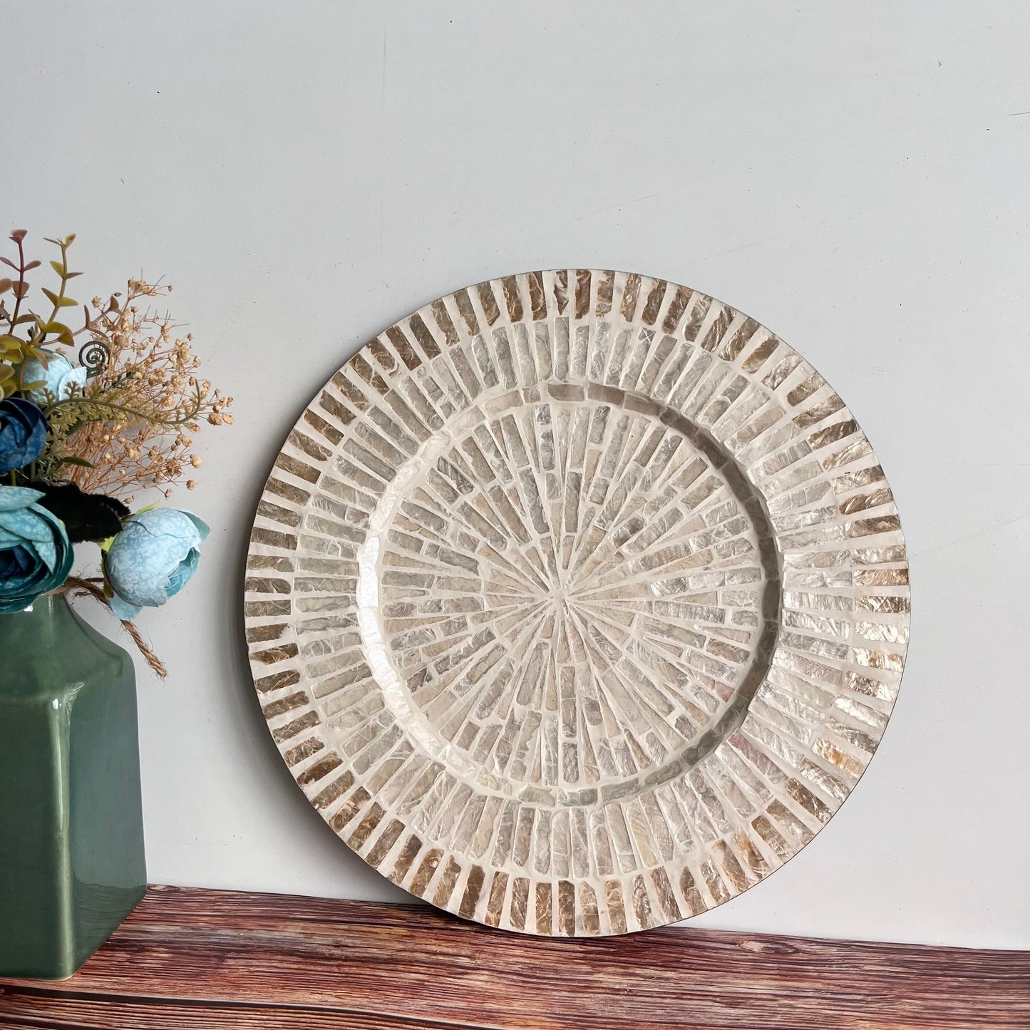 Set of 2 Ivory Capiz Inlay Charger Plates Radial Striped Design