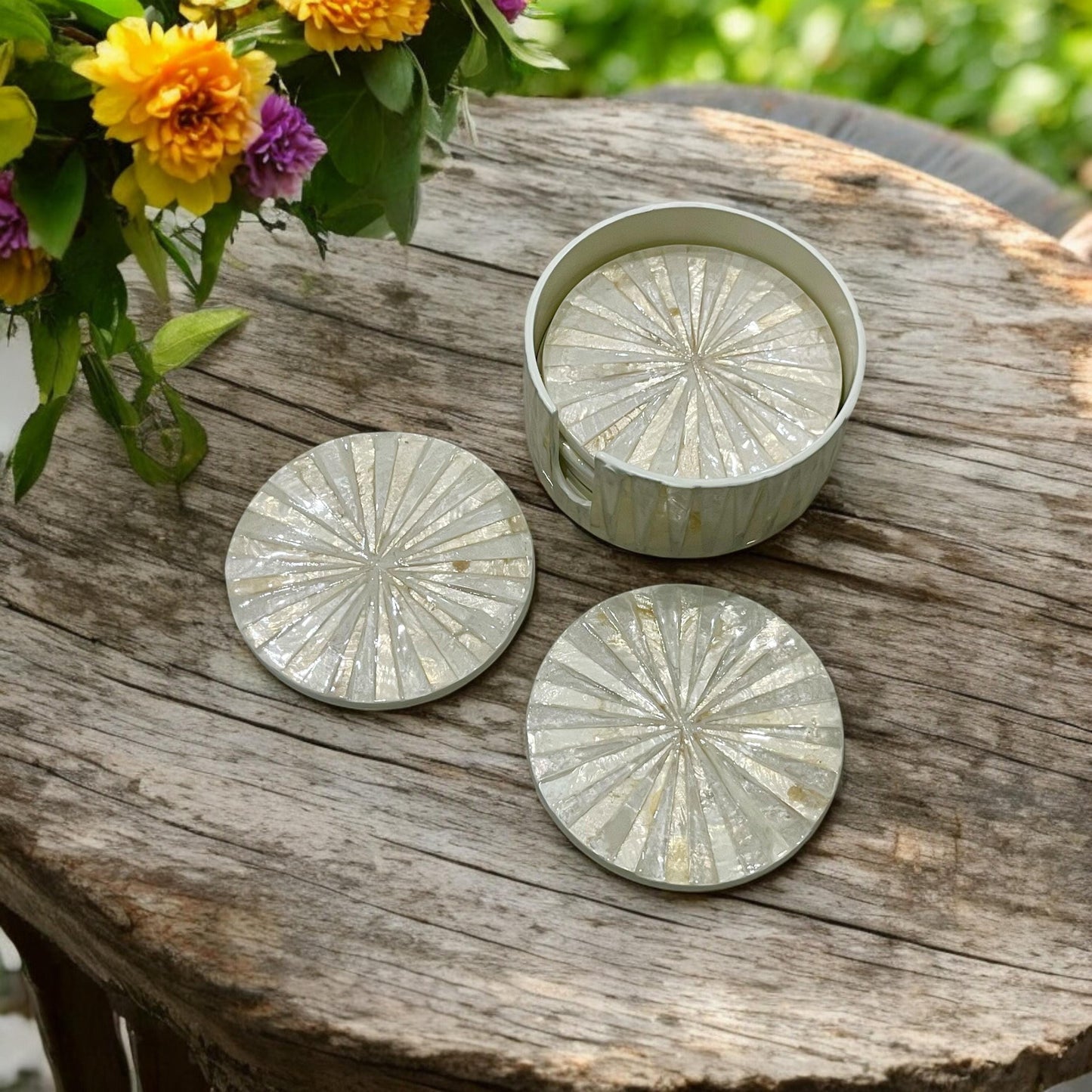 Capiz Shell Coasters with Holder: Sunshine Inlay, Elegant Drinkware Set