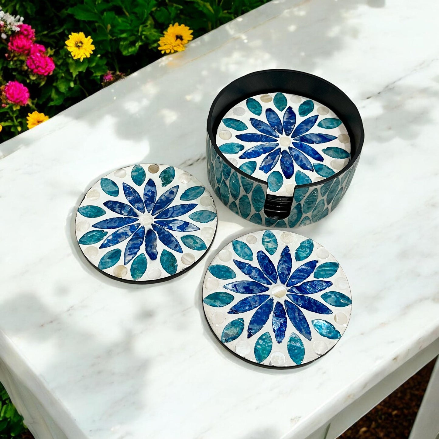 Blue Mother of Pearl Coaster Set with Holder – Handmade Shell Drink Coasters