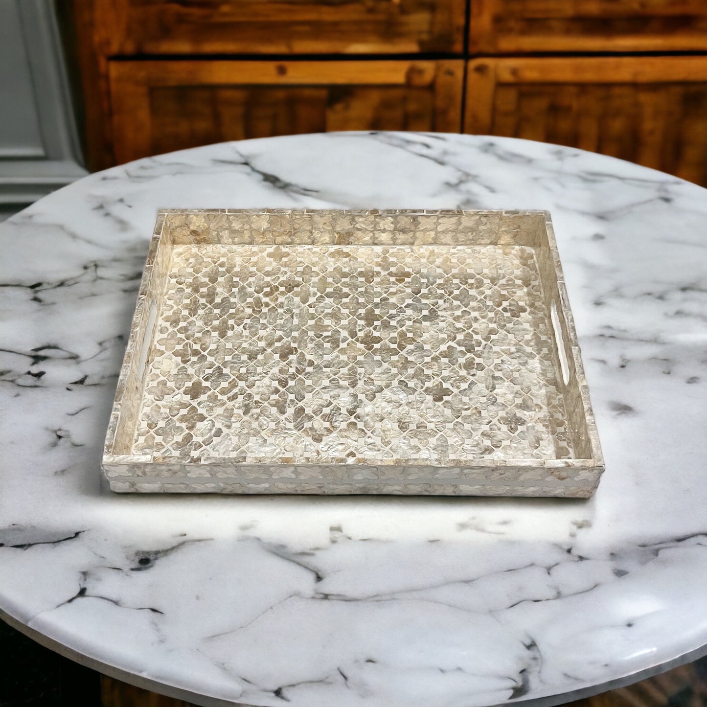 Rectangular Ivory Capiz Shell Mosaic Inlay Tray