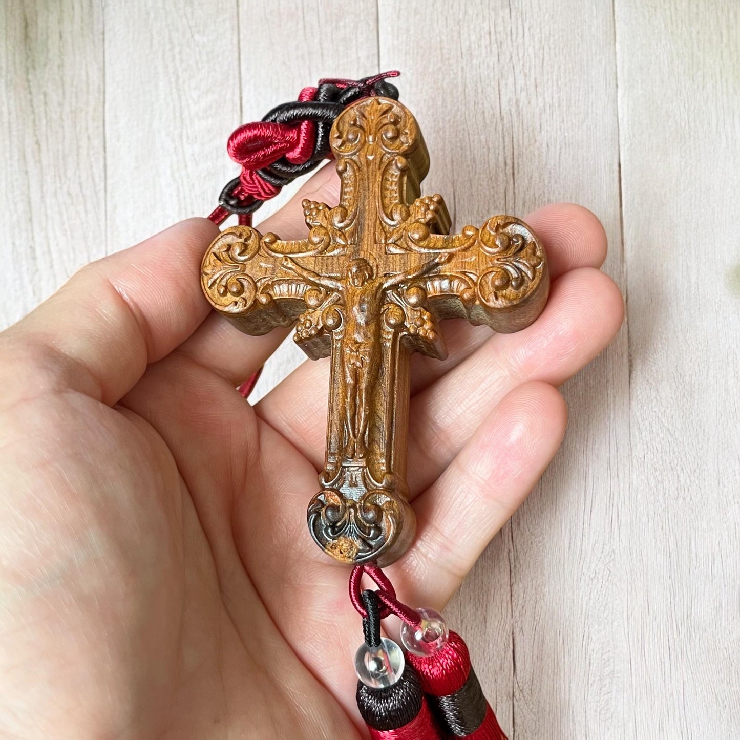 Handmade Wooden Cross Car Charm: Catholic Rearview Mirror Ornament