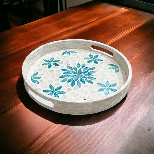 Round Mother of Pearl & Capiz Shell Floral Inlay Tray with Blue Accents