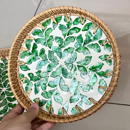 Round Capiz Shell Rattan Tray with Green Leaf Mosaic