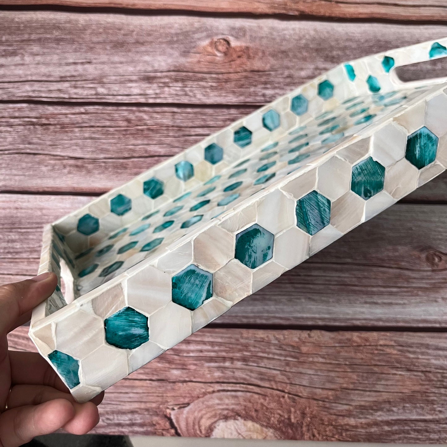 Mother of Pearl Serving Tray: Handmade Honeycomb Inlay, Vietnamese Craft