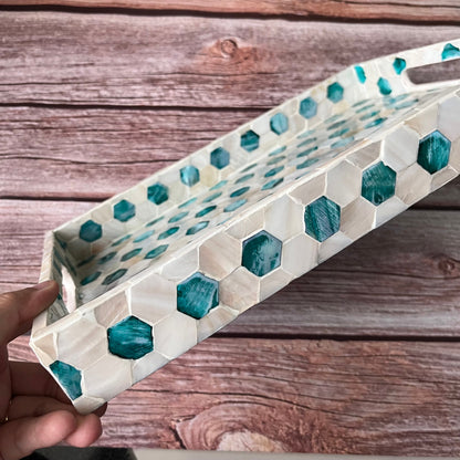 Mother of Pearl Serving Tray: Handmade Honeycomb Inlay, Vietnamese Craft