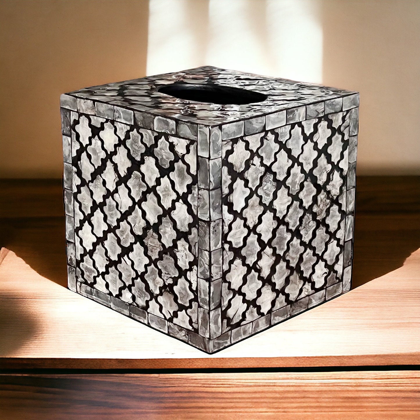 Black & Ivory Capiz Shell Tissue Box Cover – Square Moroccan Pattern MDF Holder