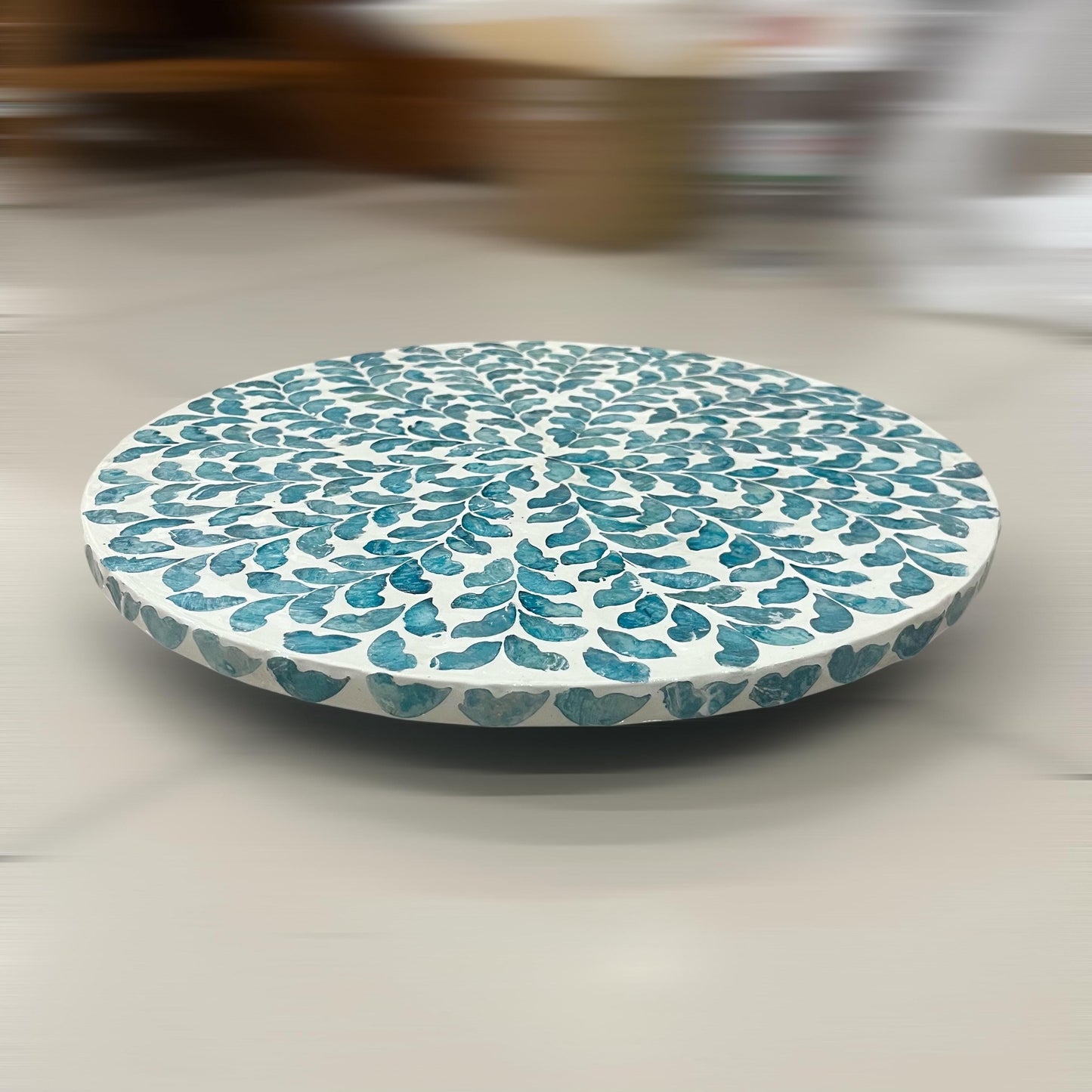 Handcrafted Capiz Shell Lazy Susan: Blue Leaf Rotating Tray