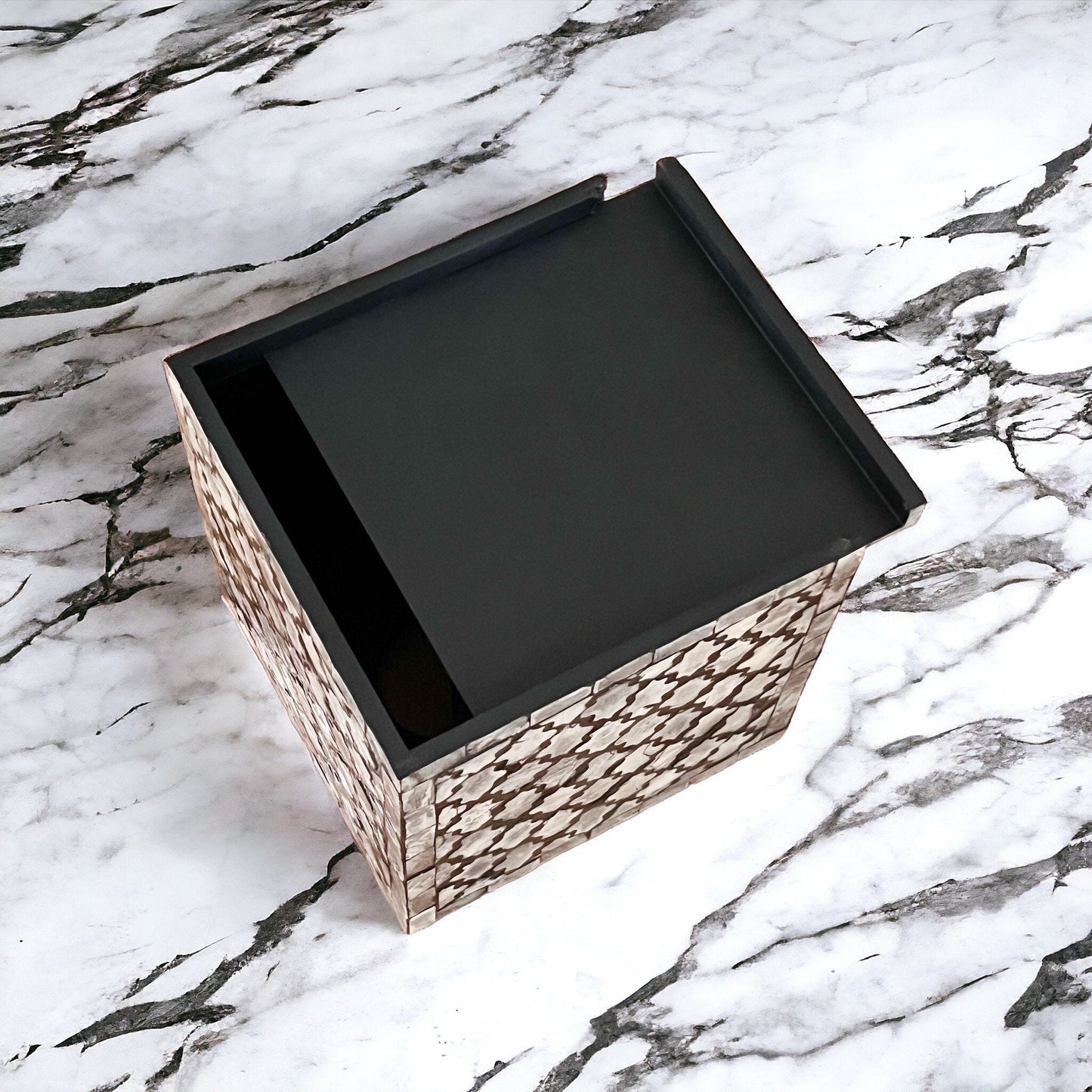 Black & Ivory Capiz Shell Tissue Box Cover – Square Moroccan Pattern MDF Holder
