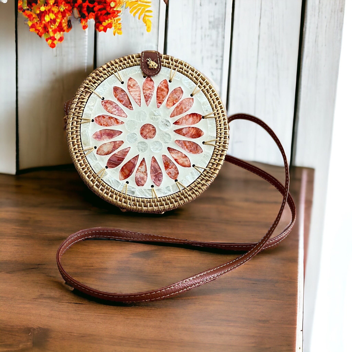 Summer Red Flower Round Rattan Crossbody Bag