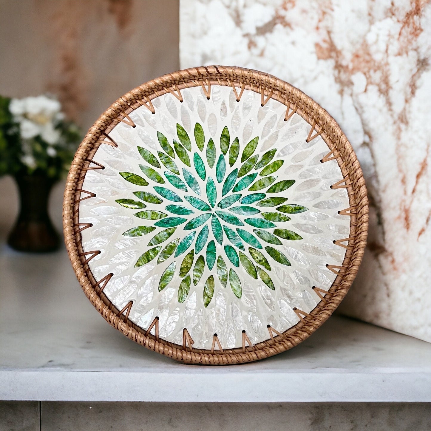 Round Rattan Tray with Green Capiz Shell Leaf Mosaic