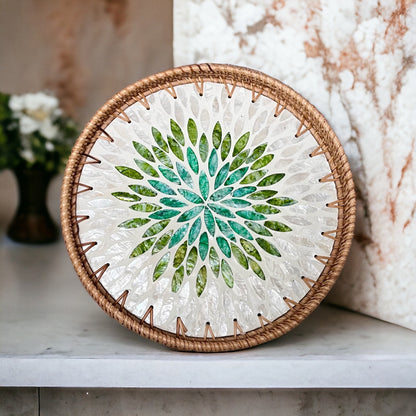 Round Rattan Tray with Green Capiz Shell Leaf Mosaic