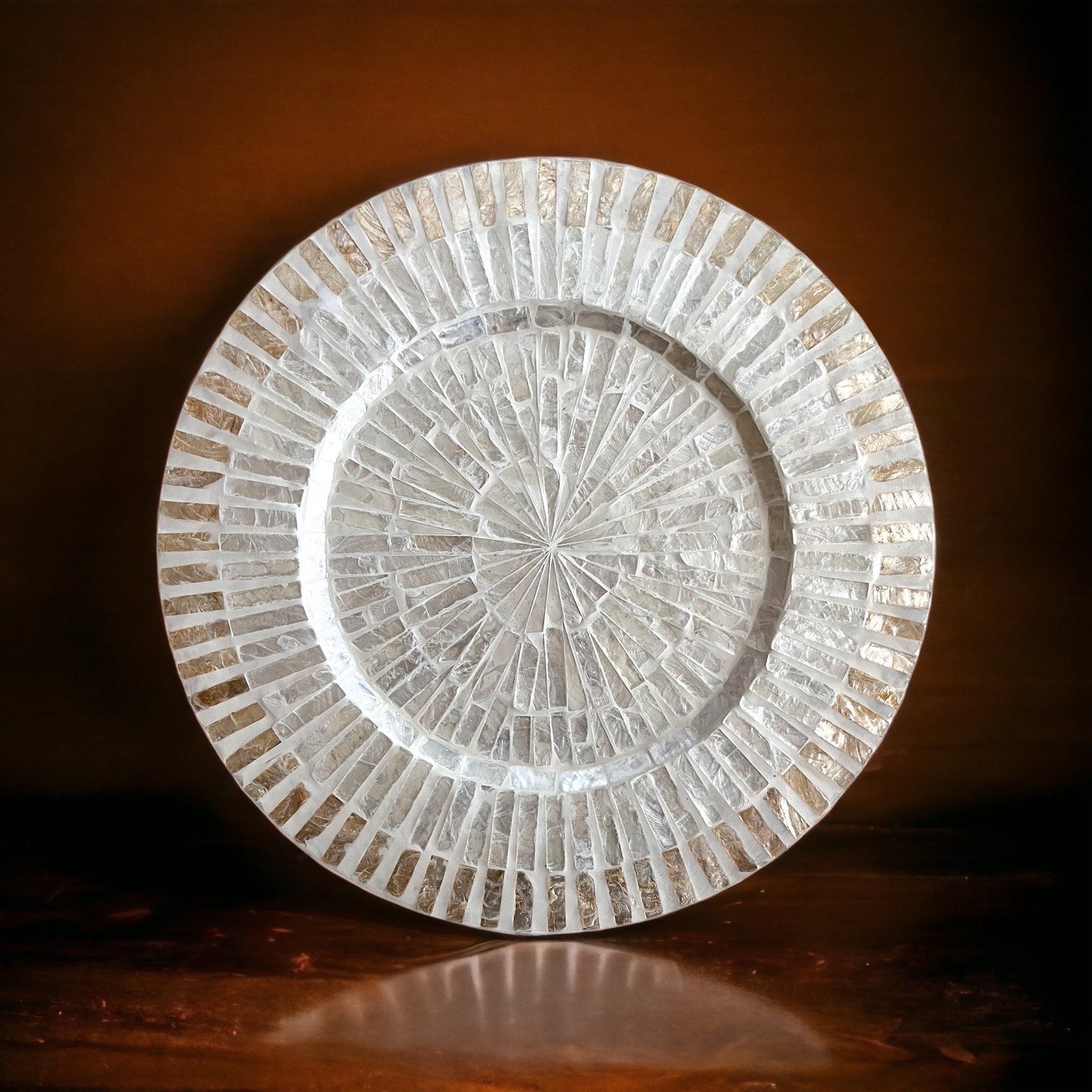 Set of 2 Ivory Capiz Inlay Charger Plates Radial Striped Design