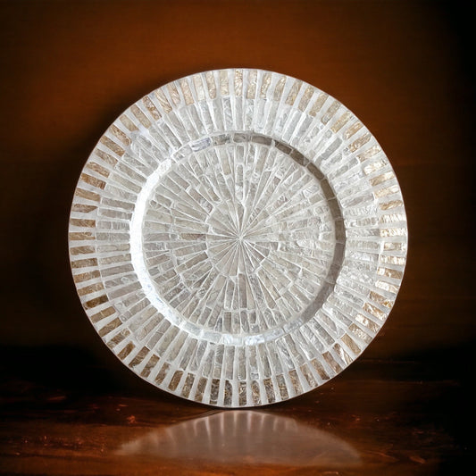 Set of 2 Ivory Capiz Inlay Charger Plates Radial Striped Design