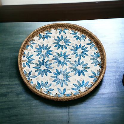 Round Rattan Tray with Blue Capiz Shell Inlay – Handmade Floral Serving Tray