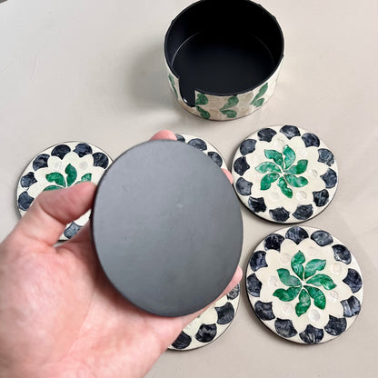 Green Floral Capiz Shell Coaster Set with Holder