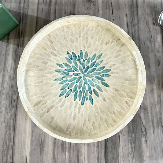 Round Capiz Shell Floral Inlay Tray with Teal Center