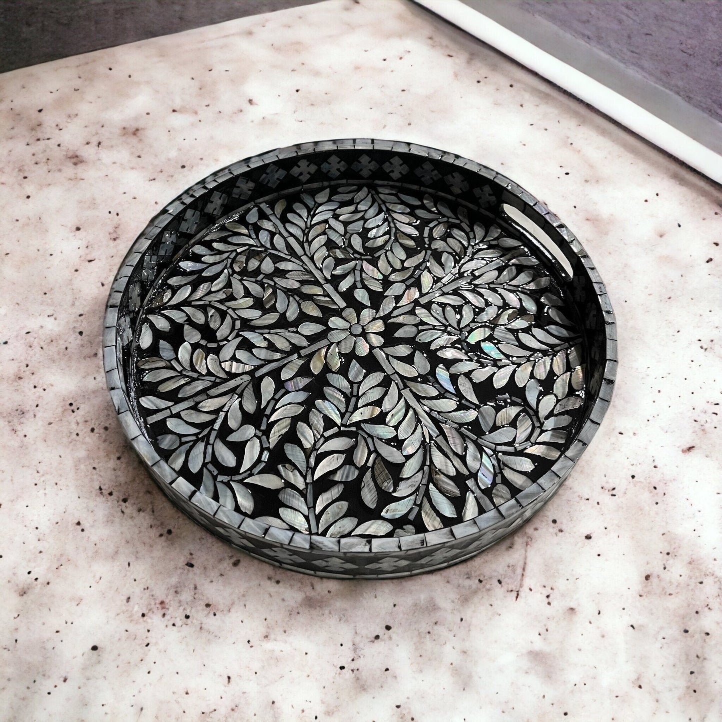 Black Mother of Pearl Leaf Inlay Tray – Handmade Round Decorative Serving Tray