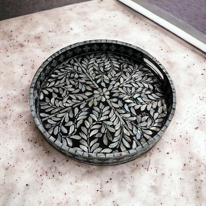 Black Mother of Pearl Leaf Inlay Tray – Handmade Round Decorative Serving Tray