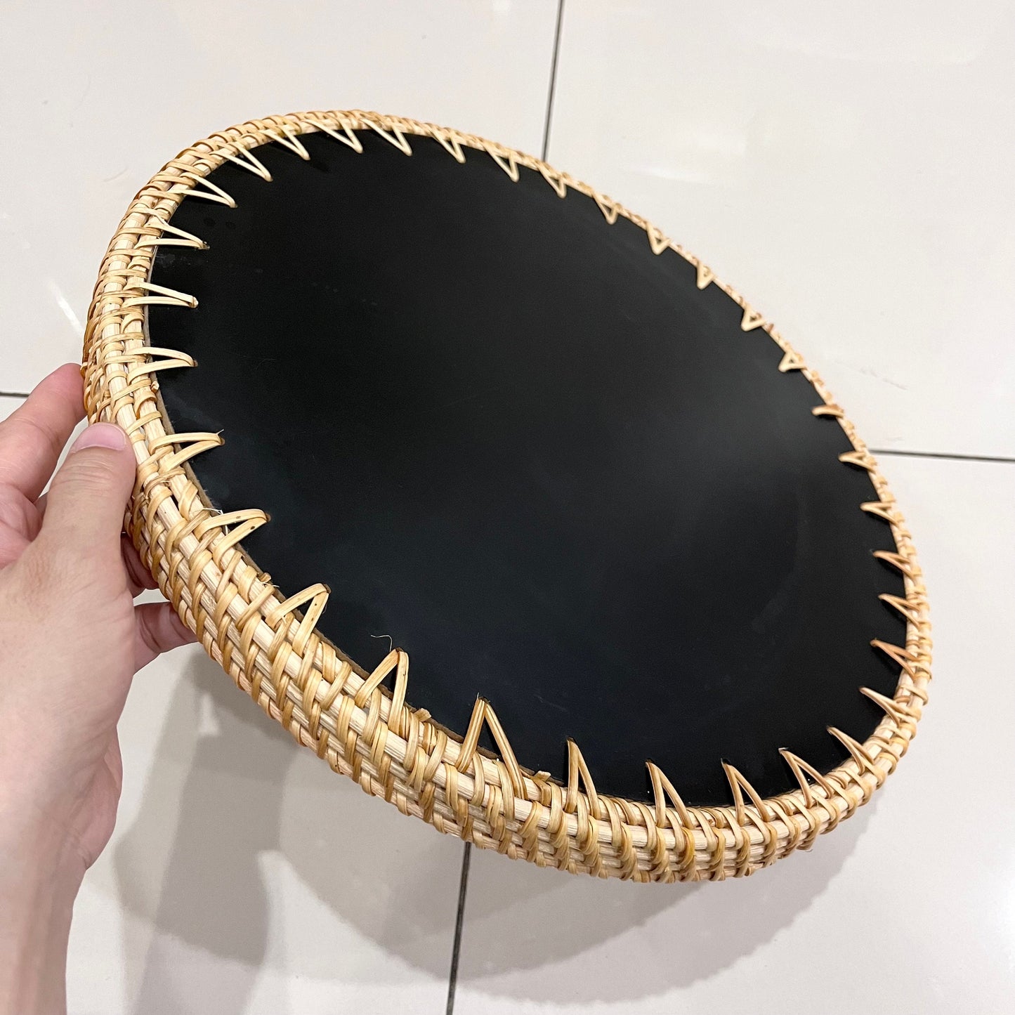 Black White Gold flower Hand-woven Capiz Shell Tray