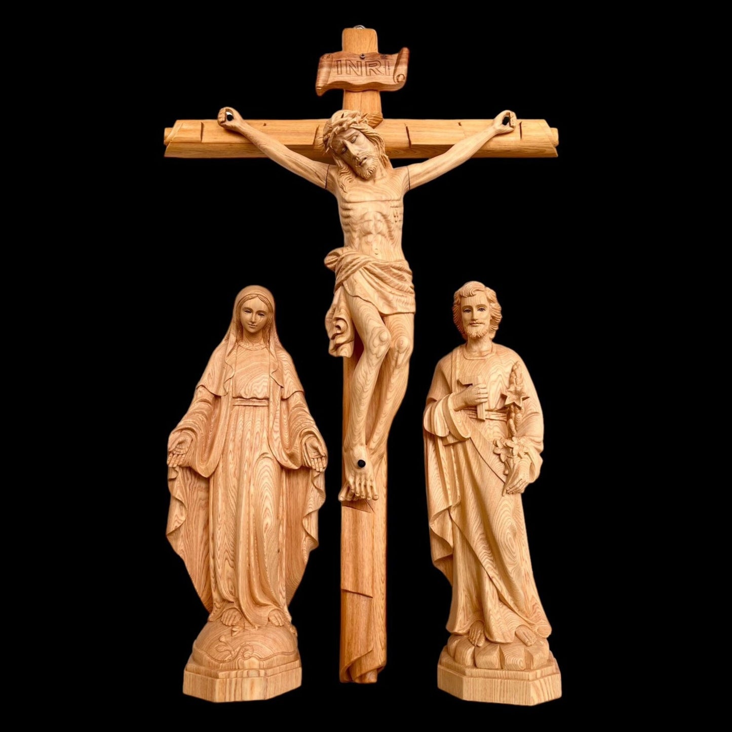 Large Fokienia 37'' Wood Crucifix Cross with Saint Joseph & Mary Statues