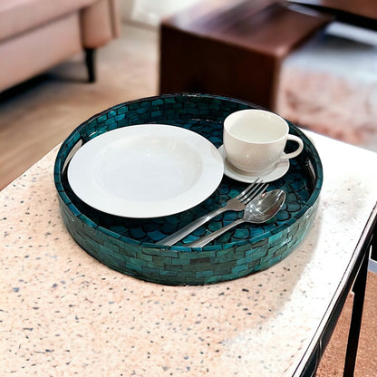 Round Turquoise Mother of Pearl Scallop Inlay Tray