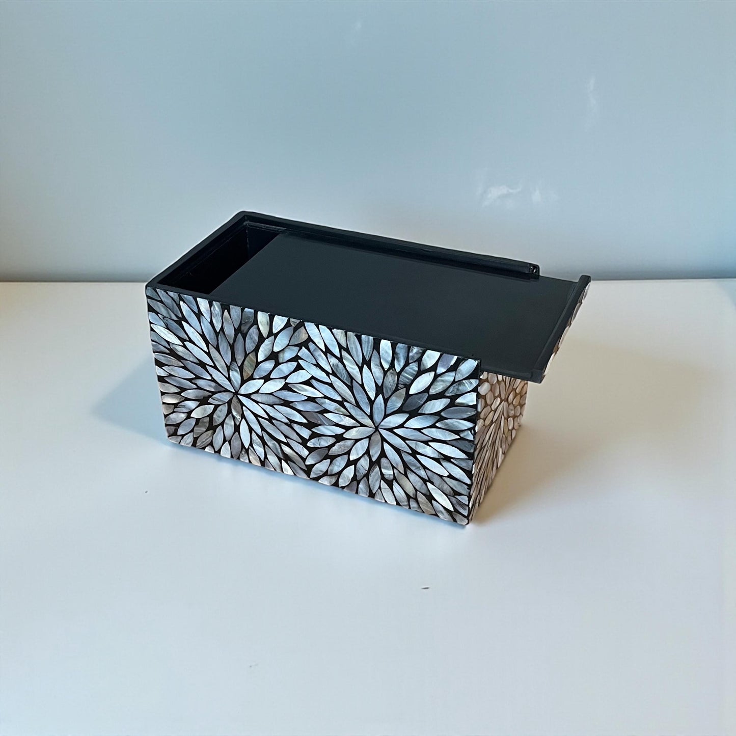 Rectangular Black Floral Mother of Pearl Tissue Box Cover