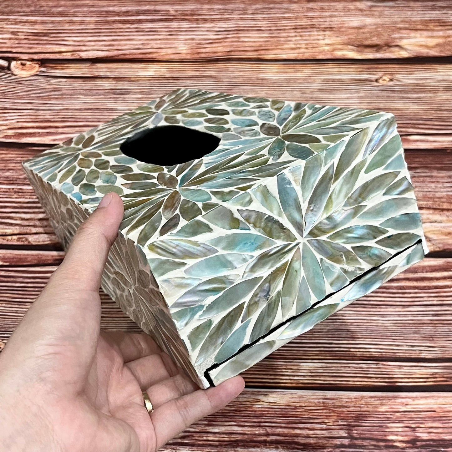 Rectangular Mother of Pearl Inlay Tissue Box: Aqua Flower Nacre Design