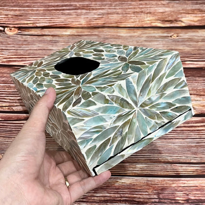 Rectangular Mother of Pearl Inlay Tissue Box: Aqua Flower Nacre Design